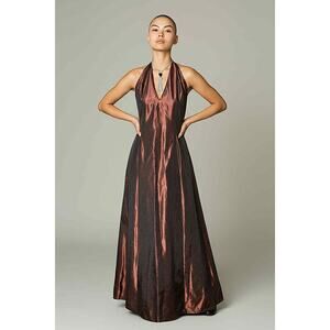Vintage Scott McClintock Bronze Satin Halter Evening Gown Maxi Dress Size 10 USA